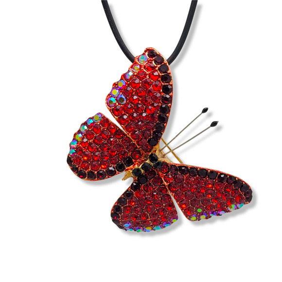 Goldtone Round Red Czech Crystal with Red Enamel Butterfly Brooch Pendant - Picture 2 of 5